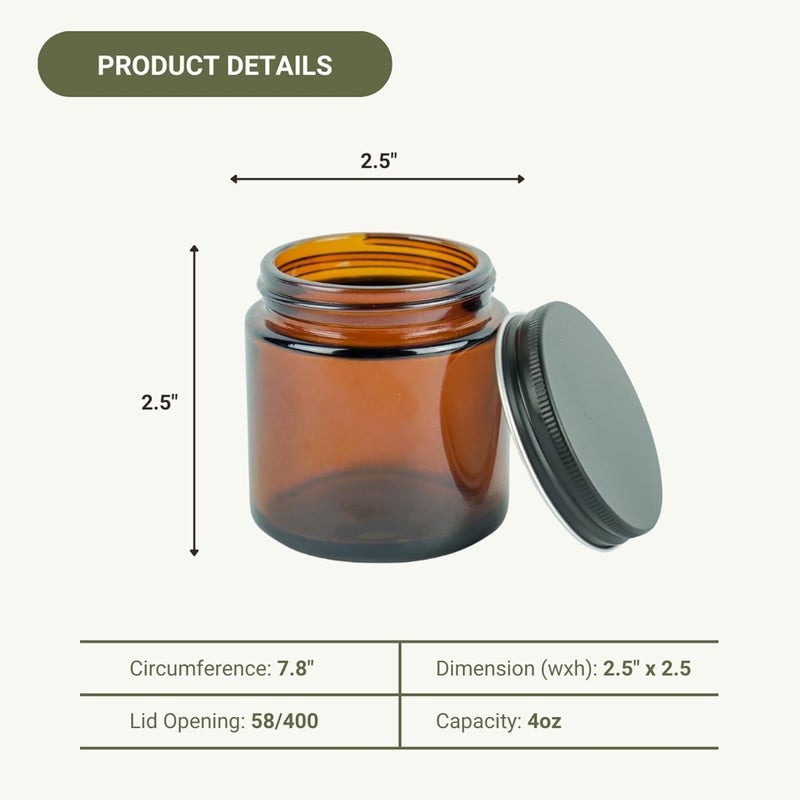 Nature Packaged Glass Amber 4oz Jar - 12 Packs, Empty Round Jars For Beauty Products, Lotion, and Powders - Black Lid - Small Candle Jars - Image 4